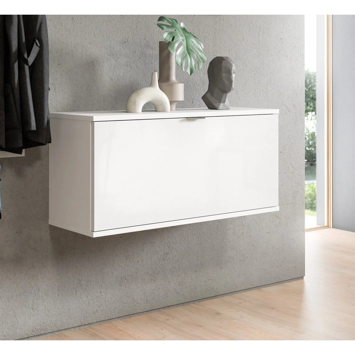 Hängender, weißer Inn.Furn Schuhschrank SystemX Hochglanz (91 cm) mit Deko.