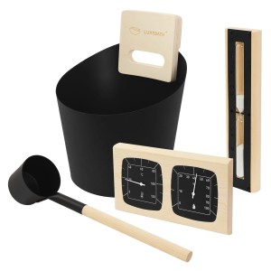 LuxeBath Saunazubehör Aluminium Eimer Kelle Thermo-Hygrometer Sanduhr