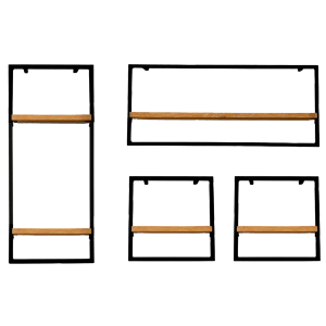 holz4home Wandregal Set, 4-teilig, Eiche Natur mit schwarzem Rahmen.