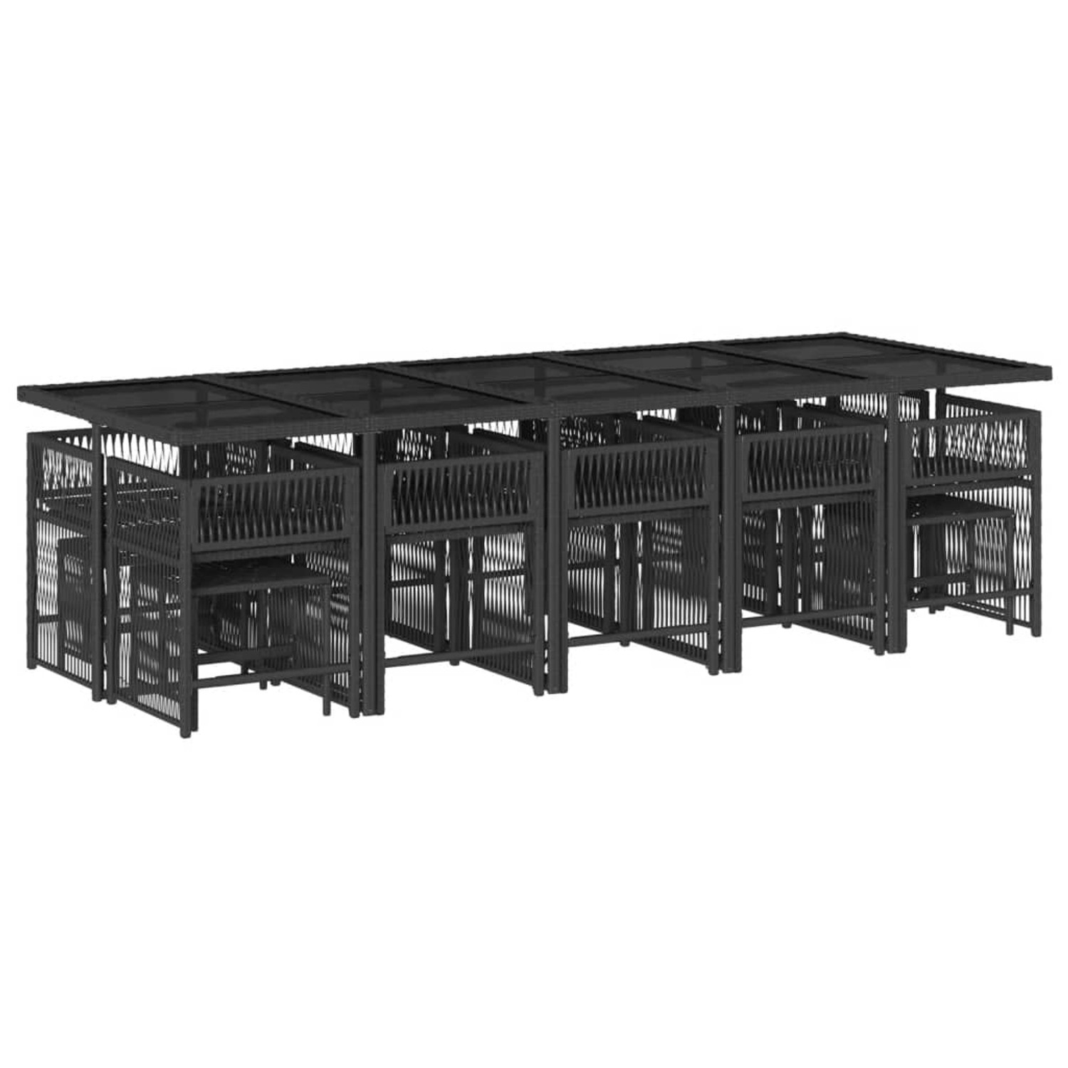 Schwarze vidaXL Garten-Essgruppe aus Poly Rattan, 15-teilig, mit platzsparender Würfelform.