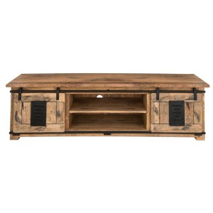 TV-Couchtisch Florenz aus Mango-Holz im Vintage-Look mit Schiebetüren und Ablagefächern.