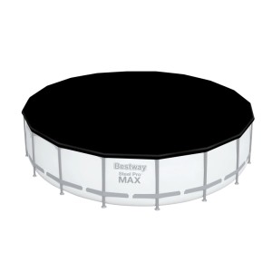Runde Bestway PVC Abdeckplane 555 cm in Schwarz auf einem Frame Pool. Schützt 549 cm Pools vor Schmutz & Wetter.
