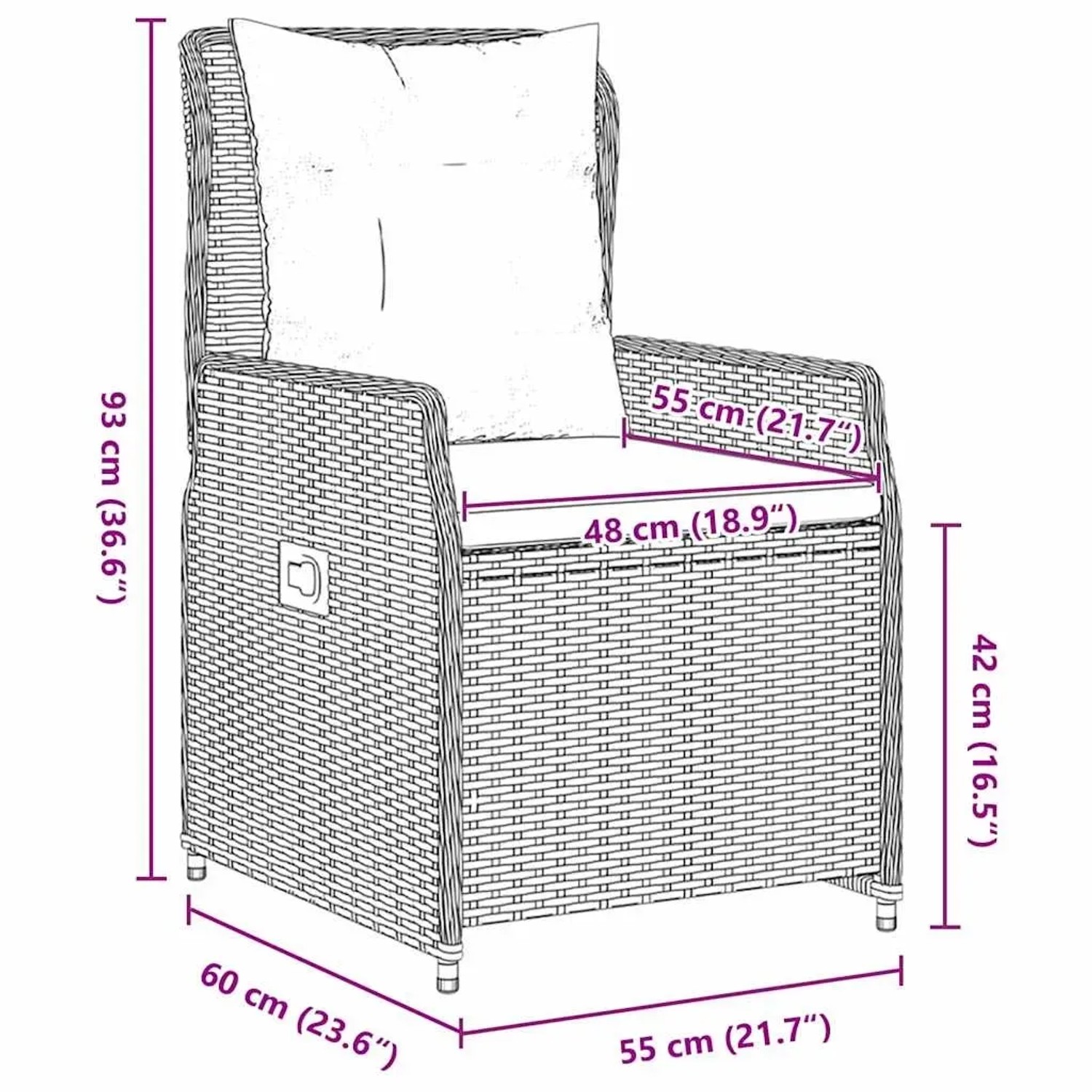 Skizze eines beigen vidaXL Gartenstuhls aus Polyrattan mit Maßangaben.