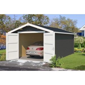 Lasita Garage Mauritius 34 in Carbongrau mit geöffneten Doppeltüren und Auto.