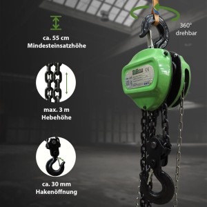 TRUTZHOLM Kettenzug 3000kg mit Doppelbremse, 3m Hubhöhe, grüne Gehäuse und schwarze Kette.