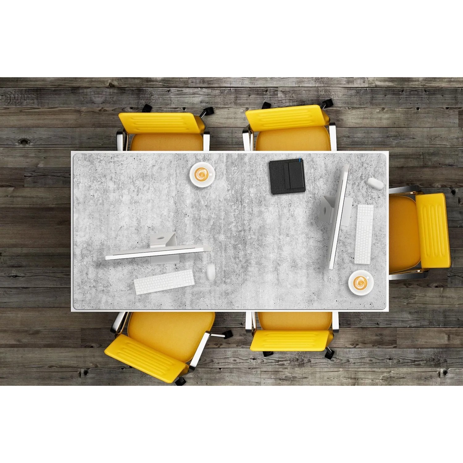 Graue Schreibtischunterlage in Betonoptik, 120x60 cm, auf Holztisch mit Computern und gelben Bürostühlen. Bürobedarf.