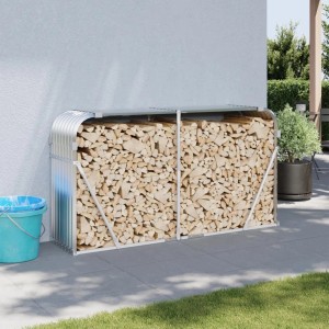 Silberner vidaXL Kaminholzunterstand aus verzinktem Stahl, gefüllt mit Holz.