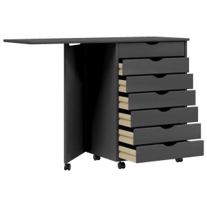 Grauer vidaXL Rollschrank mit Schreibtisch MOSS aus Kiefernholz, mit 7 Schubladen und Rollen.