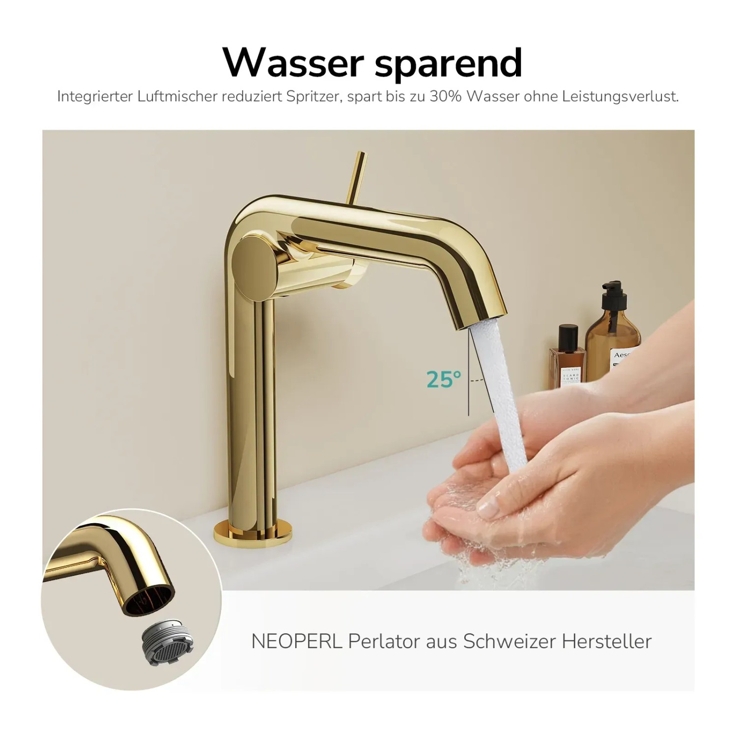 Emke Wasserhahn Bad 222 x 200 x 76 mm Champagnergold Wasserhahn Waschtischarmatur Mischbatterie_6