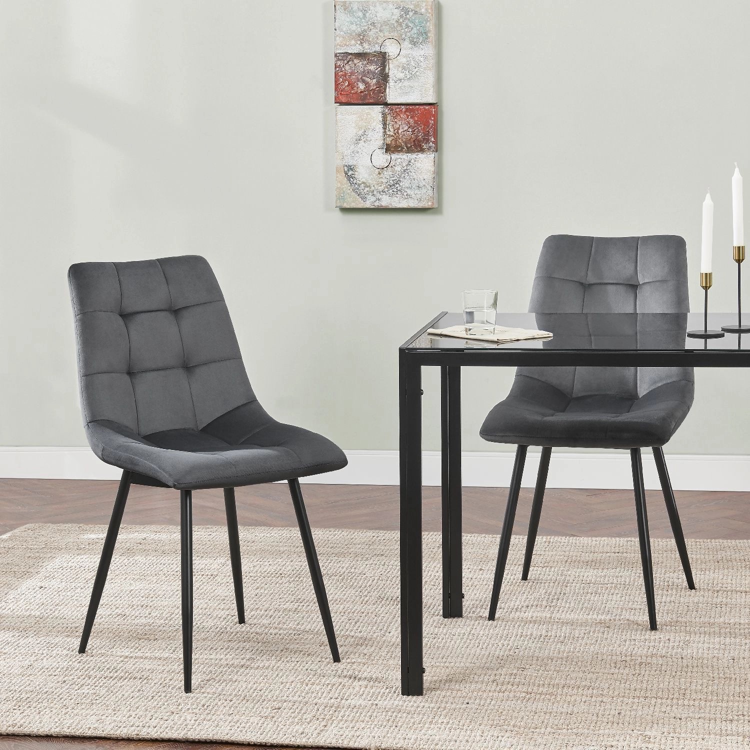 Juskys Esszimmerstühle Blanca, 4er Set, dunkelgrau, Samt, Stahlbeine. Moderne Stühle für Esszimmer und Küche.