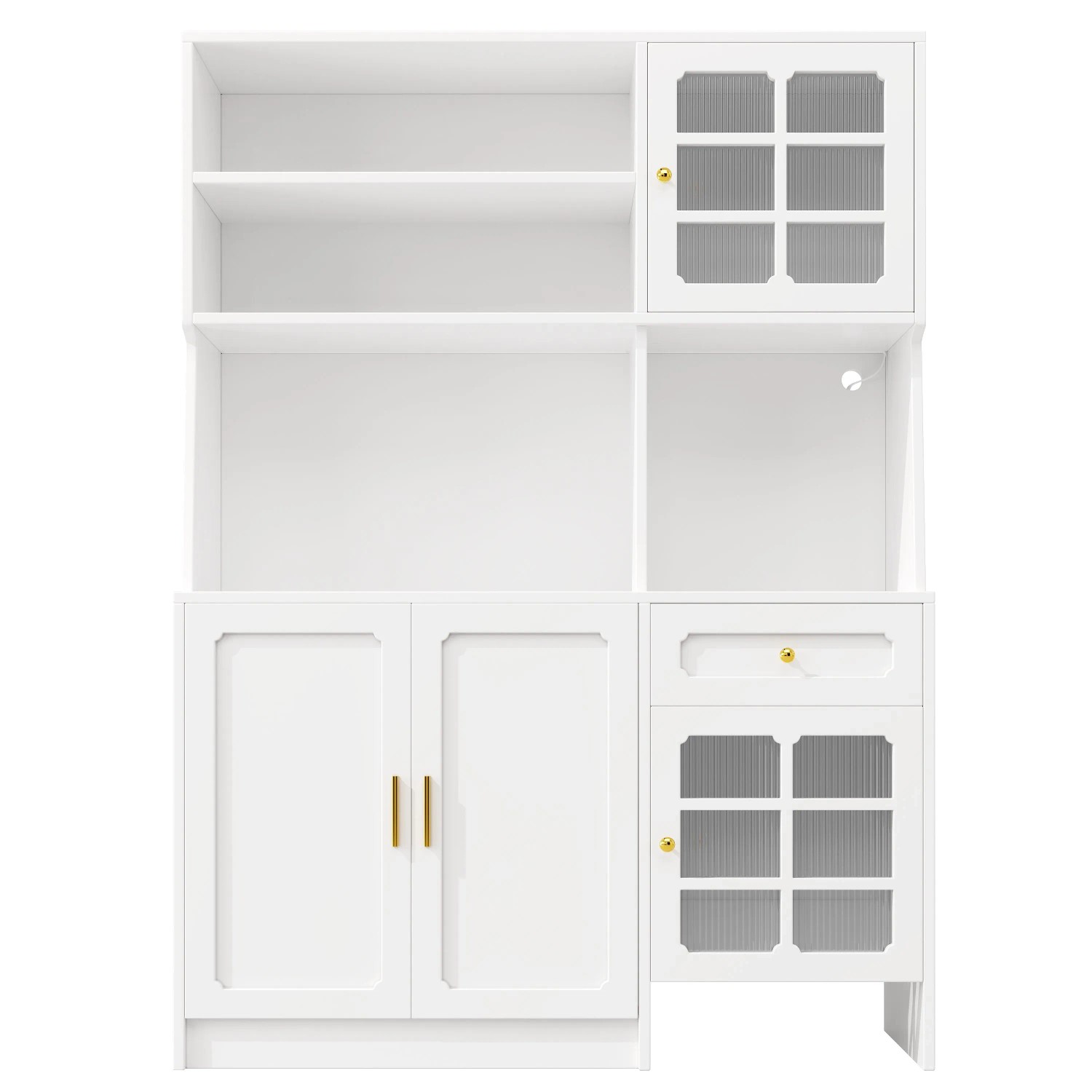 okwish Hochschrank mit Glastüren LED-Beleuchtung Küche 130x45x180cm Weiß