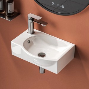 Rechteckiges, hochweißes Emke Wandwaschbecken aus Keramik mit Armatur.