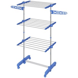 Blauer HOMCOM Wäschetrockner mit 3 Ebenen, Rollen und Seitenflügeln aus Stahl.