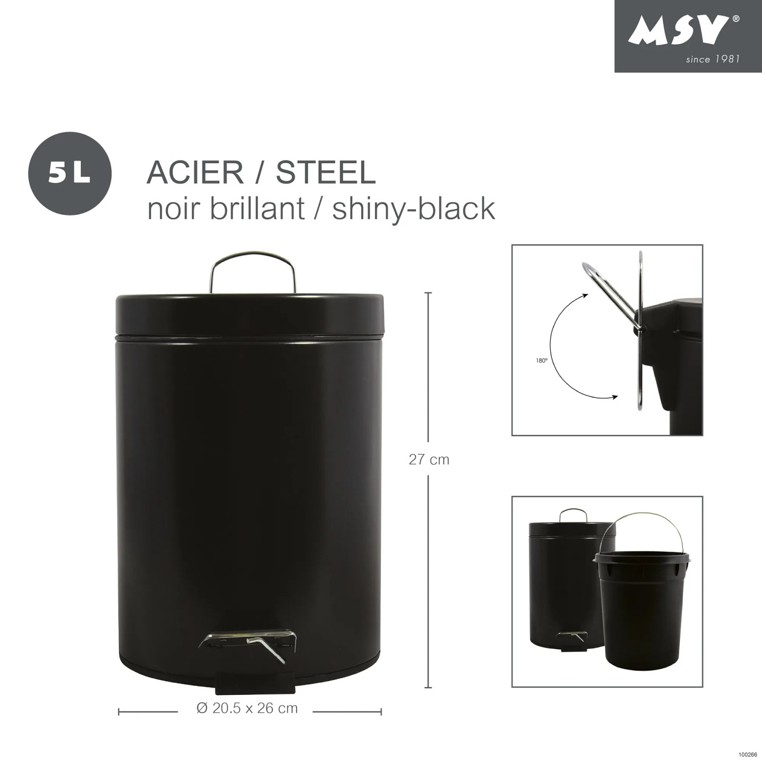 Schwarzer MSV Kosmetikeimer aus Edelstahl, 5 Liter, mit Pedal und Inneneimer.