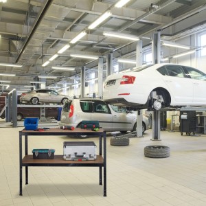 Relaxdays Werkbank mit 2 Ebenen aus Stahl und MDF, höhenverstellbar, schwarz/natur.