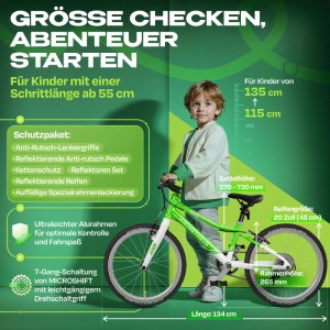 PROMETHEUS BIKES Kinderfahrrad 20 Zoll PRO ab 6 Jahren Ultraleicht 7-Gang Premium Grün Weiß