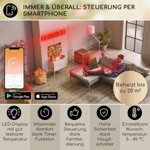 Szene mit Blumfeldt Infrarot-Heizstrahler Cosmic Beam Smart 30, steuerbar per App, für Terrasse und Innenraum.