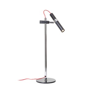 Rendl VIPER TL Tischleuchte: schwarzer LED-Strahler, Chromgestell, rotes Textilkabel. Moderne Innenleuchte.