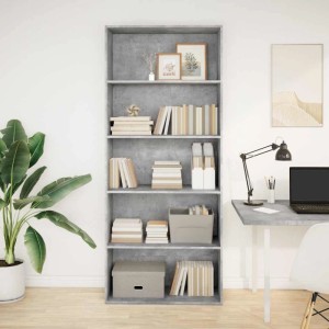 Betongraues Bücherregal (80x30x189 cm) aus Holzwerkstoff mit 5 Fächern.
