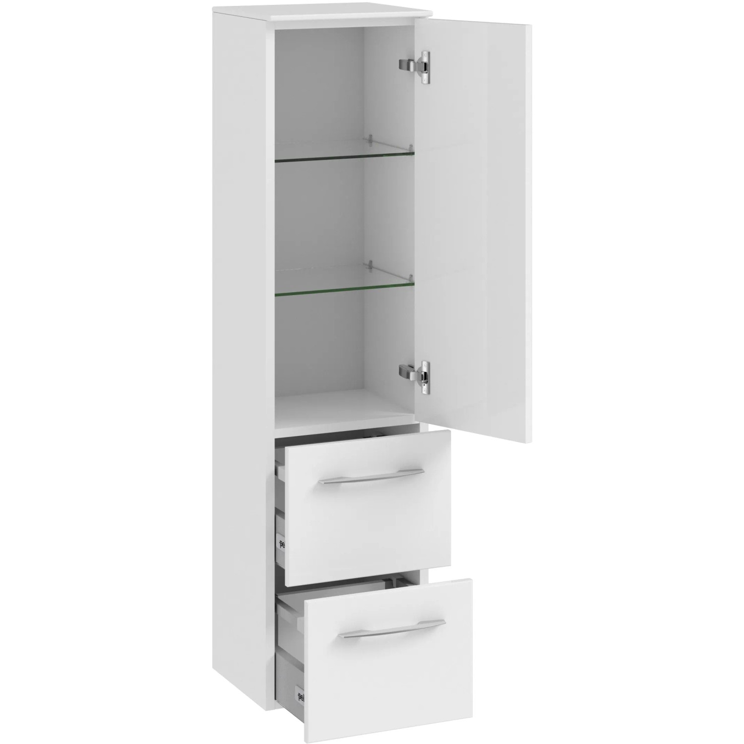 Pelipal Bad-Hängeschrank Quantum 01, weiß hochglanz, 30 cm breit, mit Tür, zwei Schubladen und Glasböden.