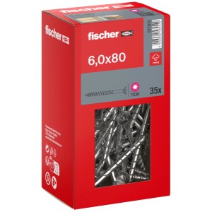 Fischer PowerFast II A2 Holzschrauben, Senkkopf, 6x80 mm, 35 Stück im roten Karton.