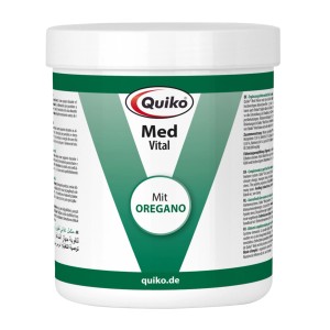 Quiko Med mit Oregano-Öl, Ergänzungsfutter für Ziervögel im weißen Behälter.