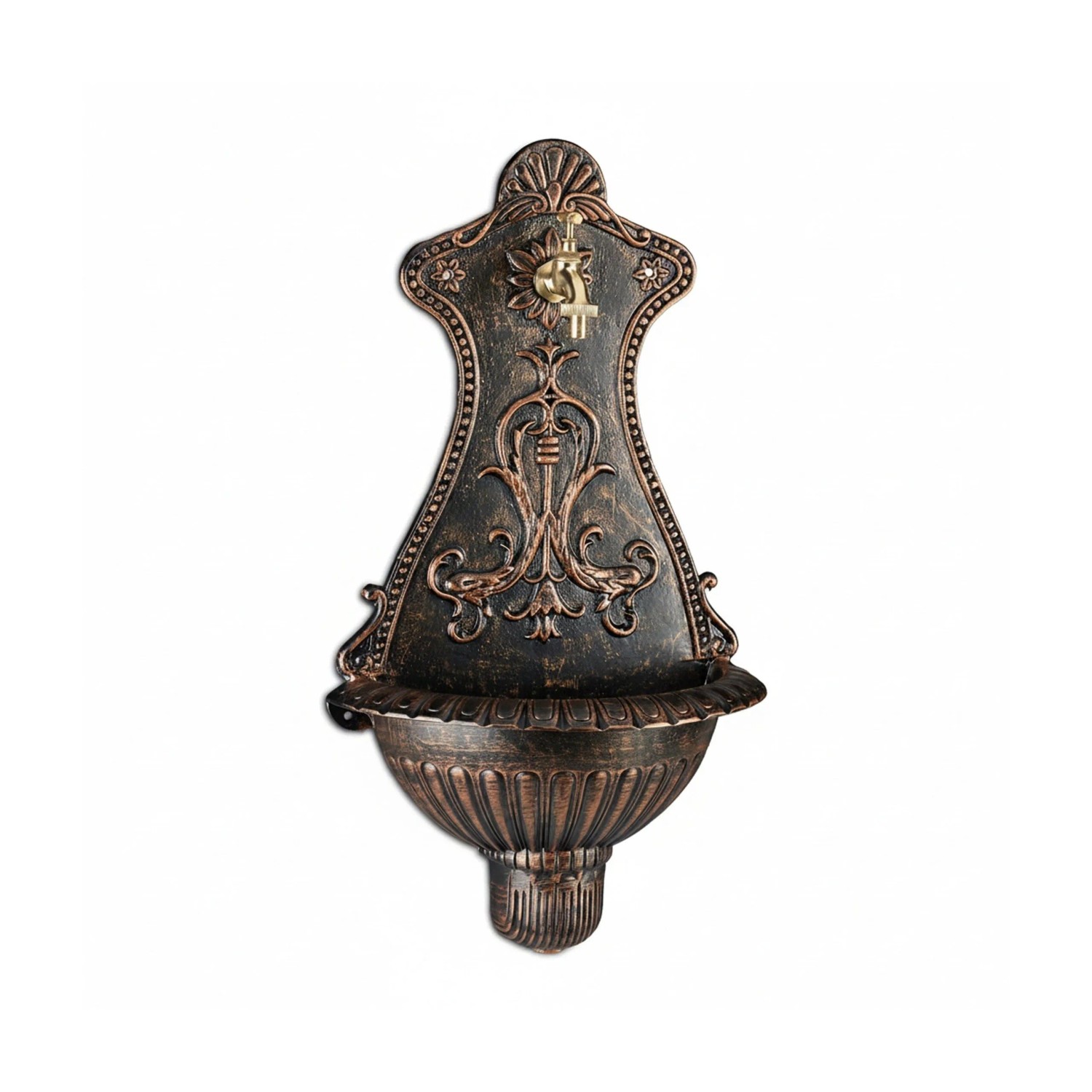 Antiker Wandbrunnen aus Aluminiumguss in Bronze-Gold mit Wasserhahn. Dekorativer Gartenbrunnen für Terrasse.