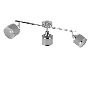 Trio Spot 3er Arosa Chrom: Dreiflammige Deckenleuchte mit grauen Stoffschirmen und Chromgestell.