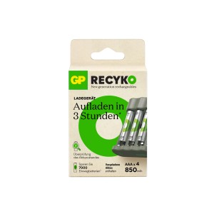 GP Akku-Ladegerät B441 mit 4 AAA-Akkus (850 mAh) im Karton. Ladegerät für AA/AAA Batterien.