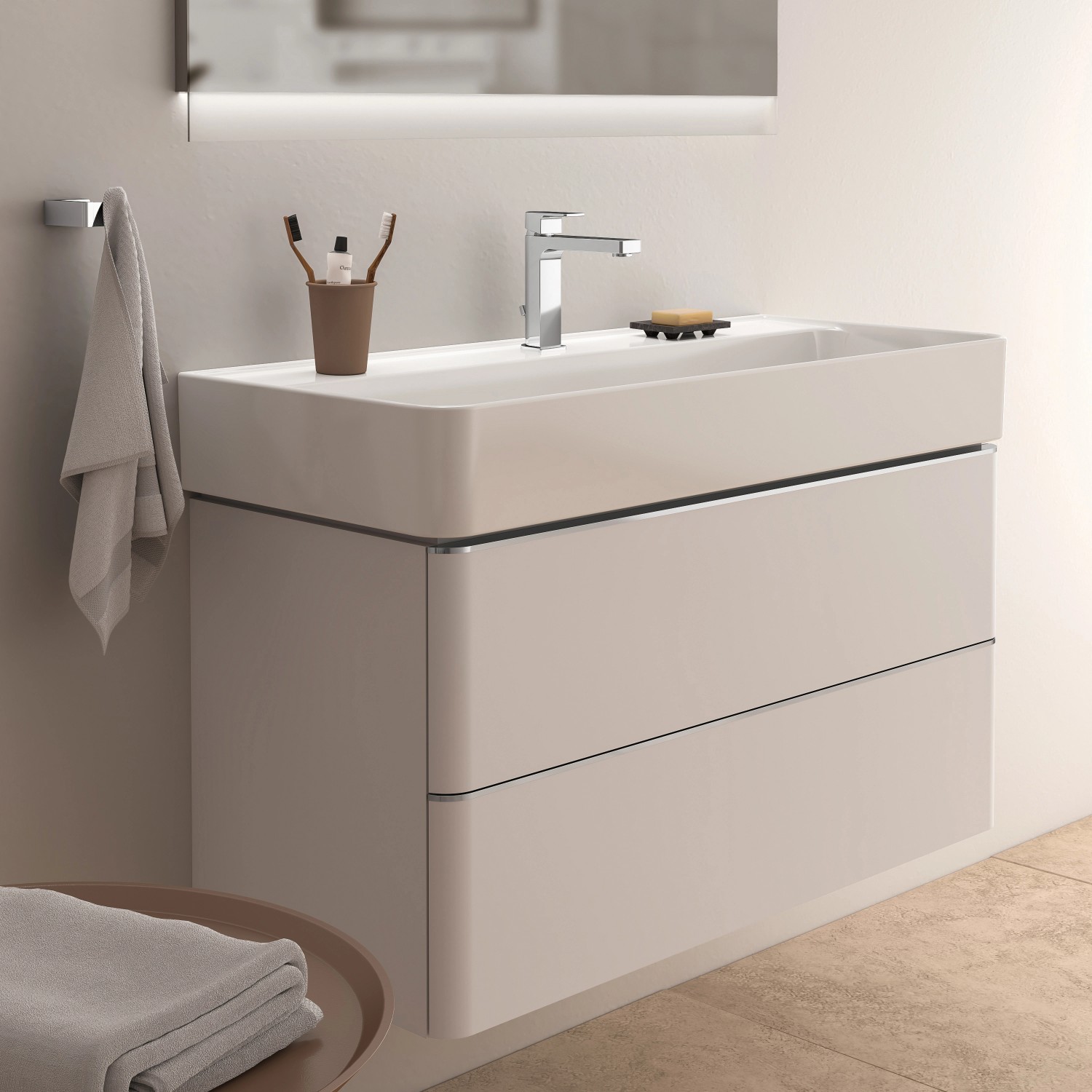 Ideal Standard Waschbeckenunterschrank Adapto, weiß hochglanz, 97 cm breit, mit zwei Schubladen.