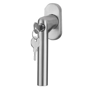 Abschließbarer Fenstergriff aus Edelstahl, matt, mit Schlüssel. L-Form für Dreh- und Kippfenster.