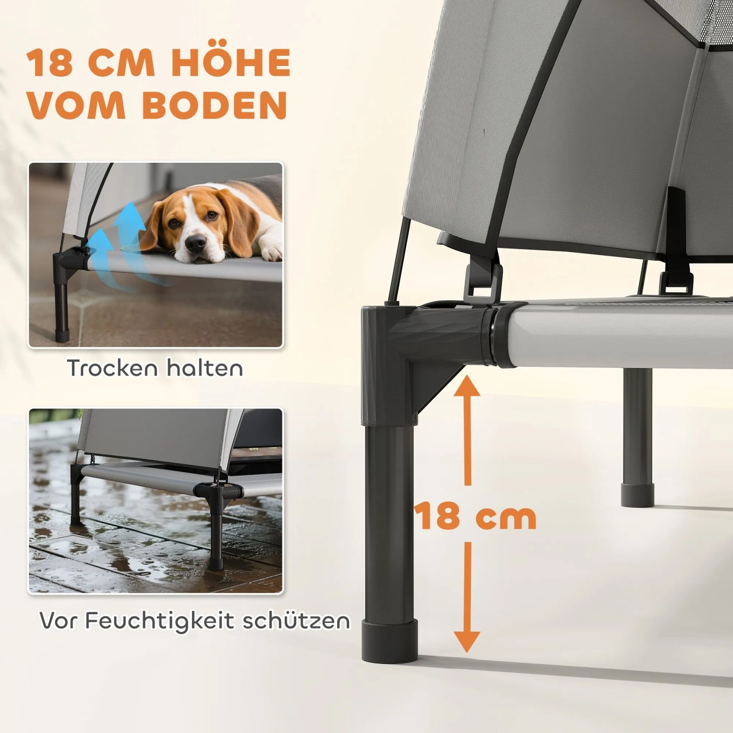 PawHut Hundebett, erhöht mit Sonnendach, hellgrau/schwarz, atmungsaktiv und feuchtigkeitsabweisend.
