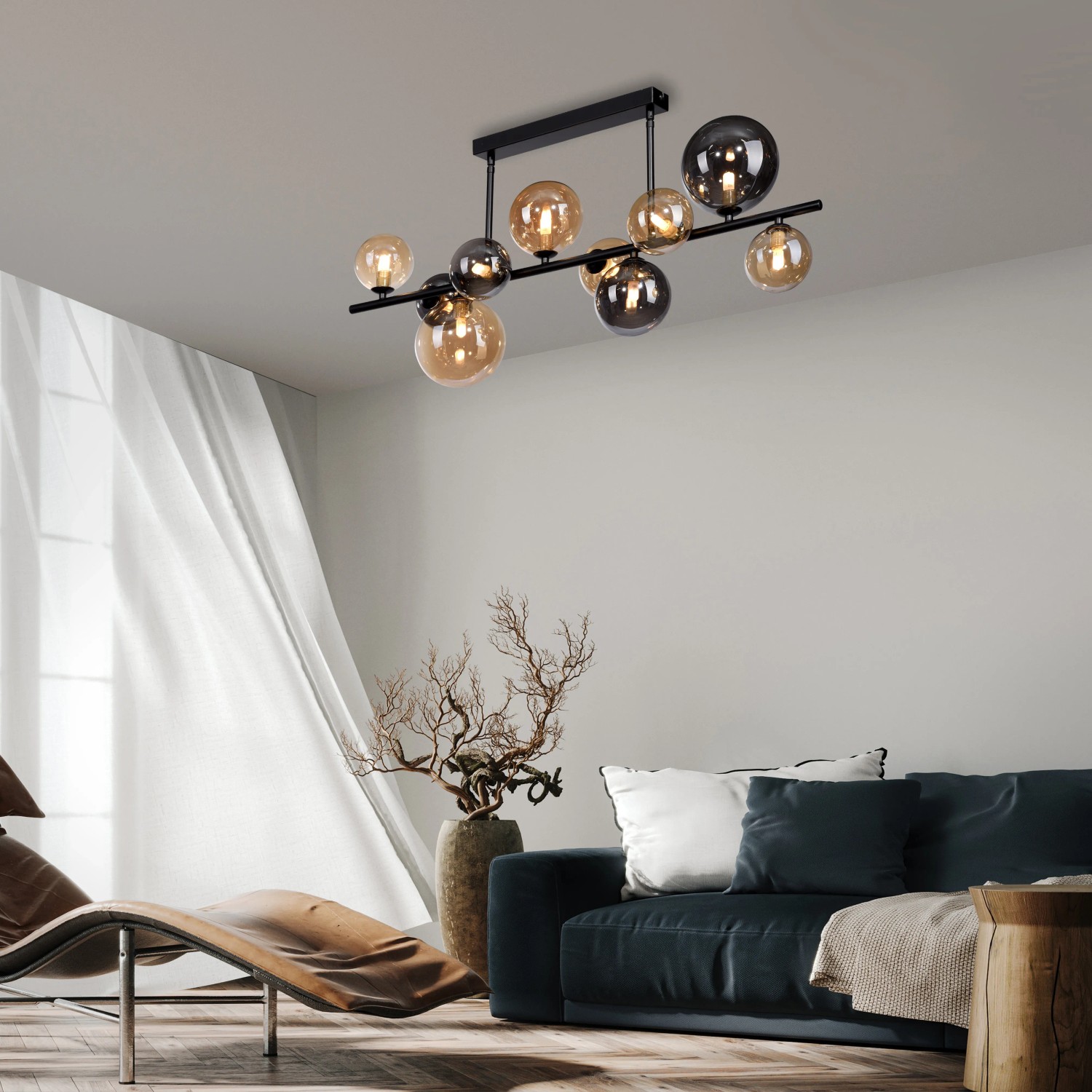 Paul Neuhaus Deckenleuchte Popsicle, 10-flammig, schwarz mit Amber- und Rauchgläsern.