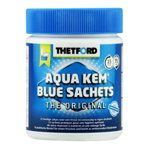 Thetford Aqua Kem Blue Dosierbeutel, 15 Stück. Weißer Behälter mit blauem Deckel für Camping-Toiletten.