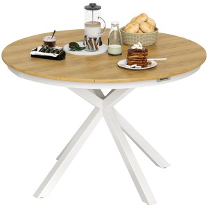 Outsunny Gartentisch, Ø118cm, Teak-Optik, mit weißem Aluminiumgestell.