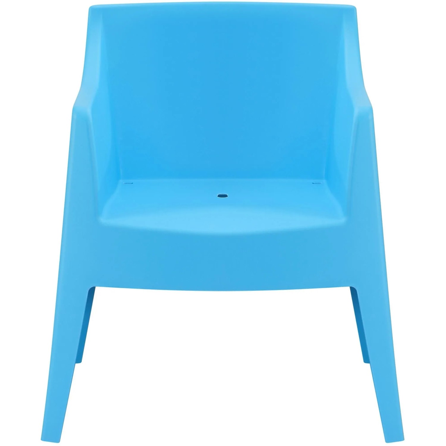 Blauer Kunststoff Gartenstuhl HENRI mit Armlehnen und Ablaufloch. Stapelbarer Outdoor-Stuhl für Terrasse.