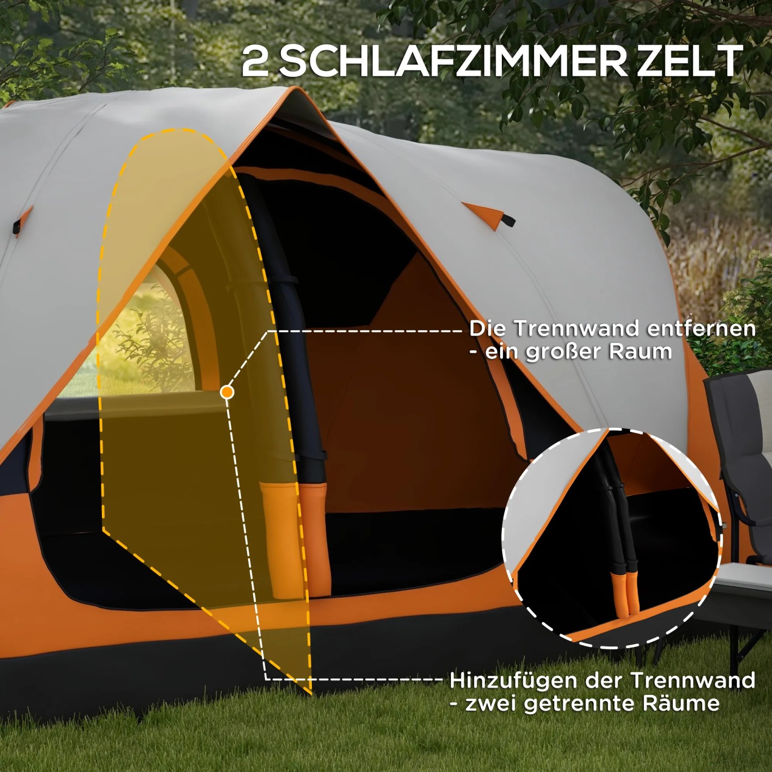 Outsunny Campingzelt, orange, mit zwei Schlafzimmern und flexibler Raumaufteilung.