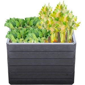 Garantia Hochbeet Ergo Quadro M 75 Wood mit Salat und Gemüse bepflanzt.