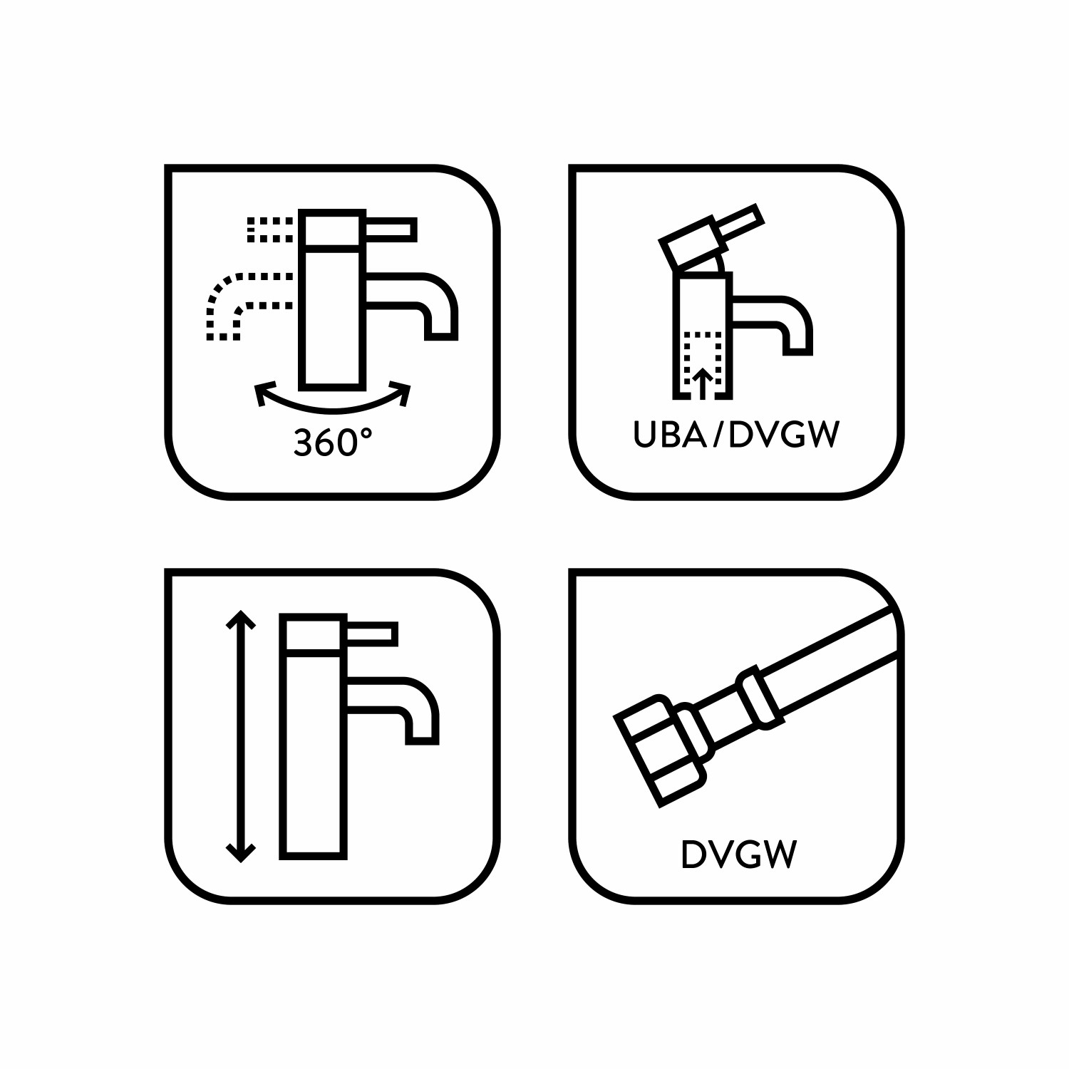 Piktogramme der baliv Küchenarmatur KI-1211: 360° schwenkbar, UBA/DVGW-Zertifizierung, flexible Höhe, DVGW-Anschlussschlauch.