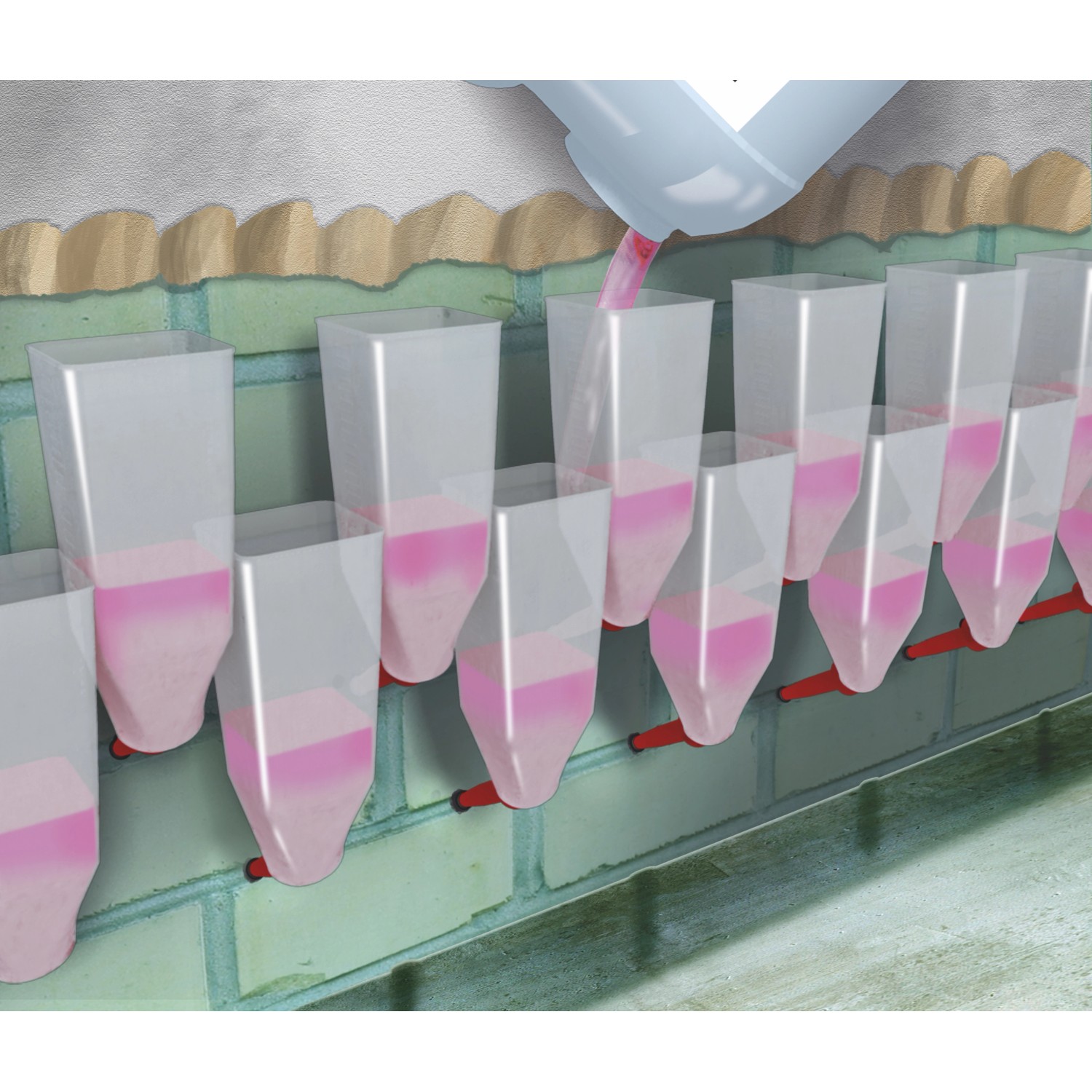 MEM Trockene Wand Injektions-Trichter (6 Stk.) in Anwendung: Flüssigkeit wird in die Trichter gefüllt.