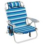 Blauer, klappbarer Strandstuhl mit Streifenmuster, Kopfstütze, Armlehnen und Kühltasche. Ideal für Garten.