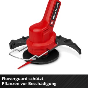 Roter Einhell Akku-Rasentrimmer mit Flowerguard. Der Pflanzenschutzbügel schützt Pflanzen beim Rasen trimmen.