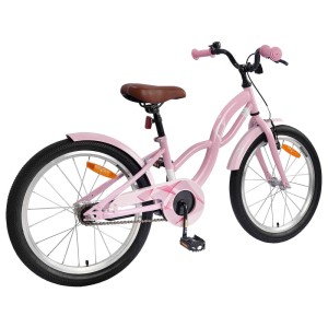 Hellrosa Kinderfahrrad, 20 Zoll, für Mädchen von 6-11 Jahren. Stahlrahmen, Schutzbleche und brauner Sattel.