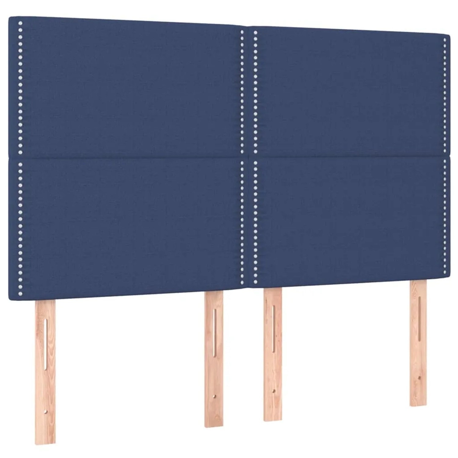 Blaues Stoff-Bettgestell mit Kopfteil, 140x190 cm. Bett mit Holzfüßen und Ziernähten.