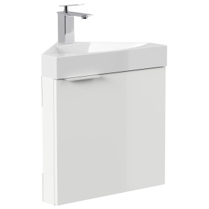 Posseik Eckbadmöbel Delta Slimline, weiß hochglanz, mit Mineralgussbecken und SoftClose für Gäste-WC.