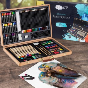 Artina Genova Staffelei Malset, 89-teilig im Holzkoffer mit Stiften, Farben und Zubehör.