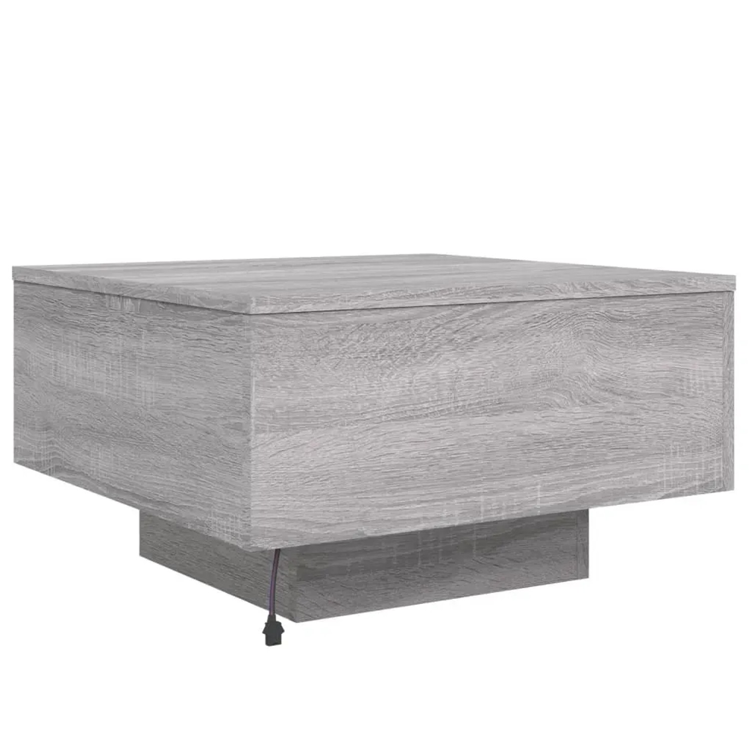 Moderner, grauer Couchtisch mit LED-Beleuchtung, Sonoma Eiche Optik, quadratisch.