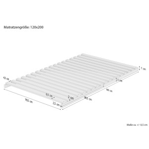 Technisches Diagramm: Erst-Holz Lattenrost 120x200 cm, metallfrei, Fichtenholz Stecksystem mit Maßen.