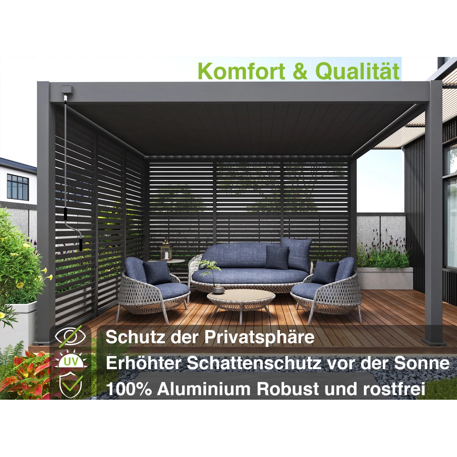 Horizontale Lamellenwand in Anthrazit für Weide Pergola, Aluminium, 93cm. Sonnenschutz & Windschutz.
