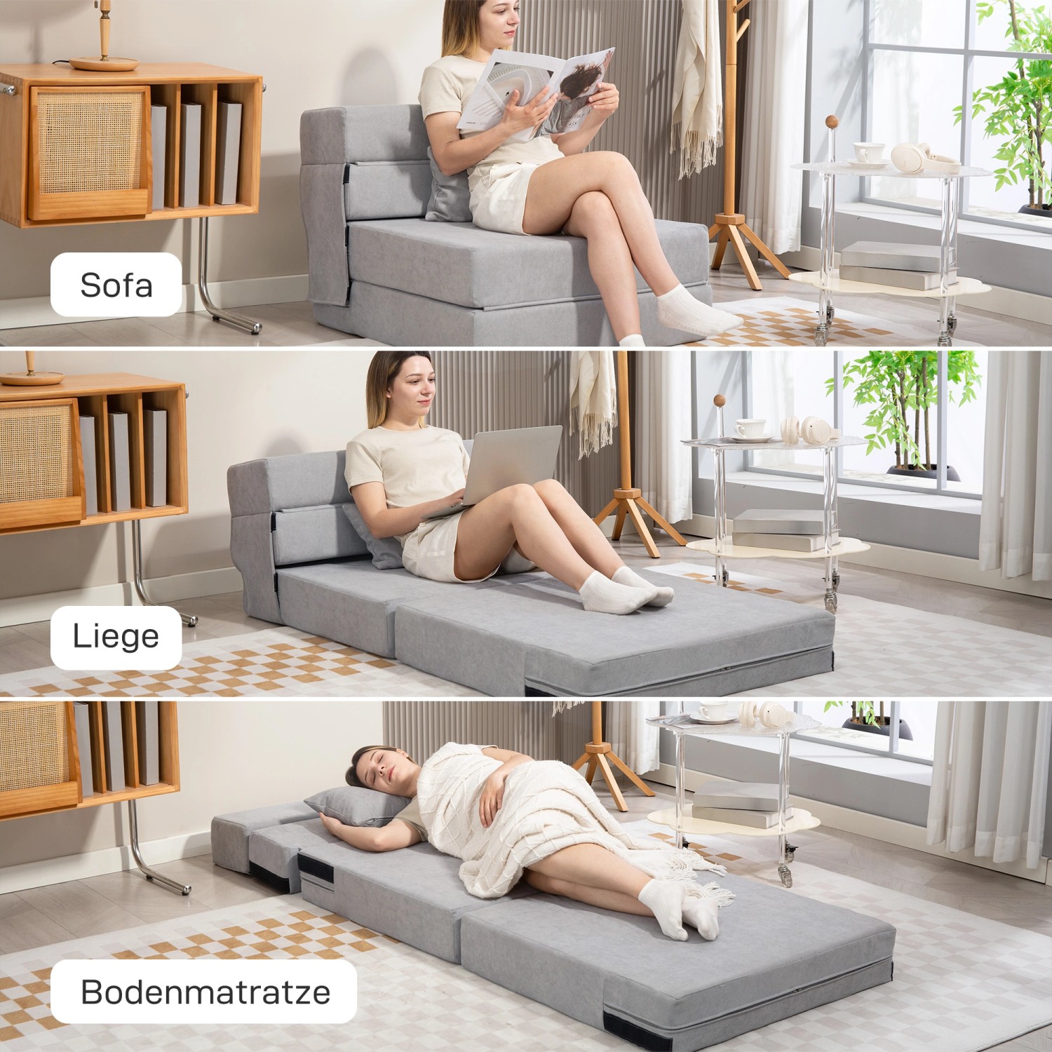 Luxstein 3-in-1 Schlafsessel Sofa Bett Mit USB-C - Verstellbarer Leinen Sessel 84x190cm Grau
